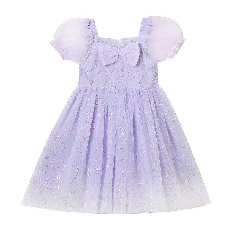 Children's Summer Puff Short Sleeve Bow Princess White Sequin Embroidery Day Children's Dress