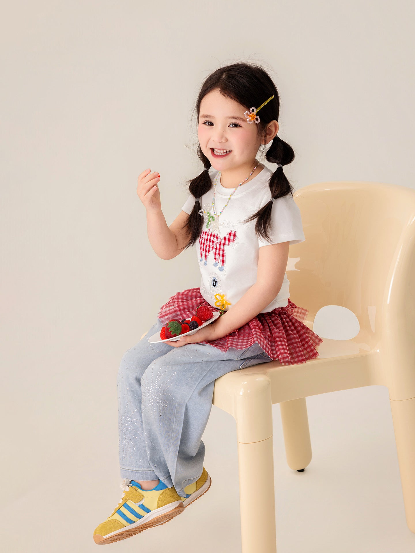 Children's Summer Short Sleeve High Elastic Thread Embroidery Hand Sewing Pearl Children's T-shirt