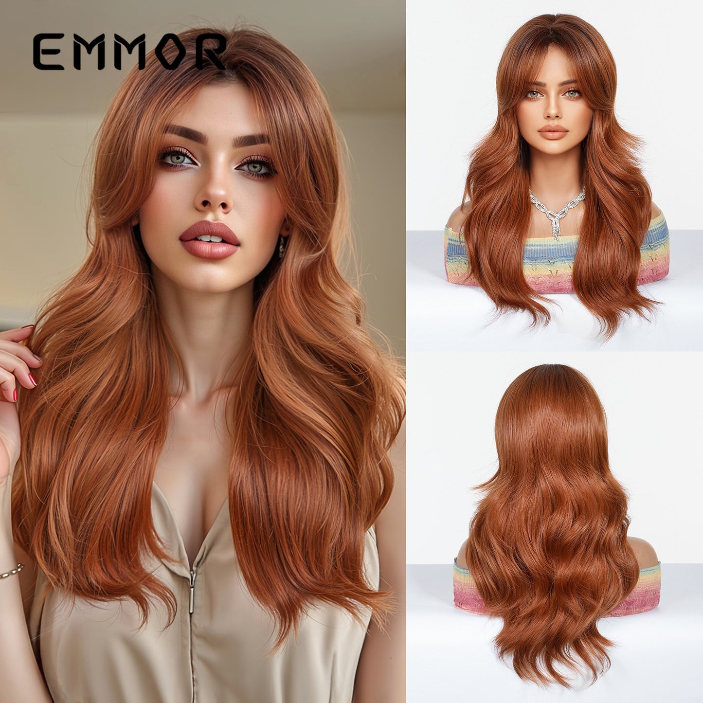 Gradient Golden Bangs Hair Fashion Full Wig Long Curls