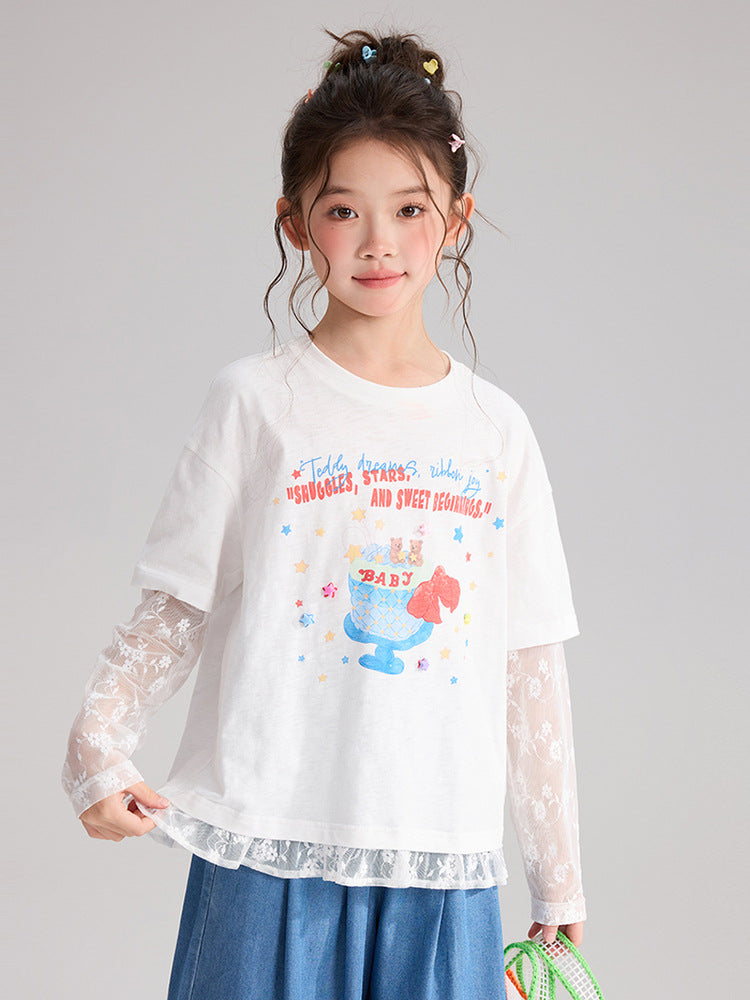 Children's Pudding Clothing Fake Two-piece Summer Lace Stitching Pure Cotton Children's T-shirt