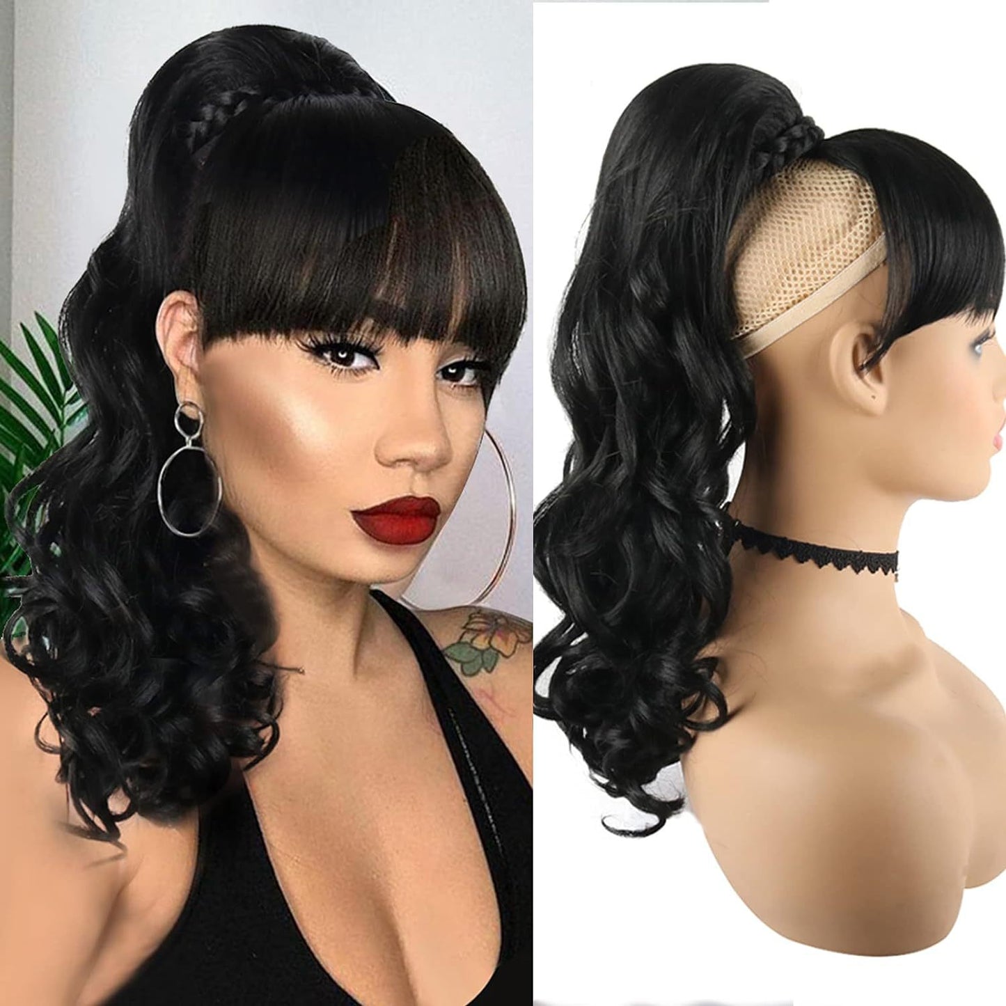 Women's Black Long Curly Bangs Hair Wig Ponytail