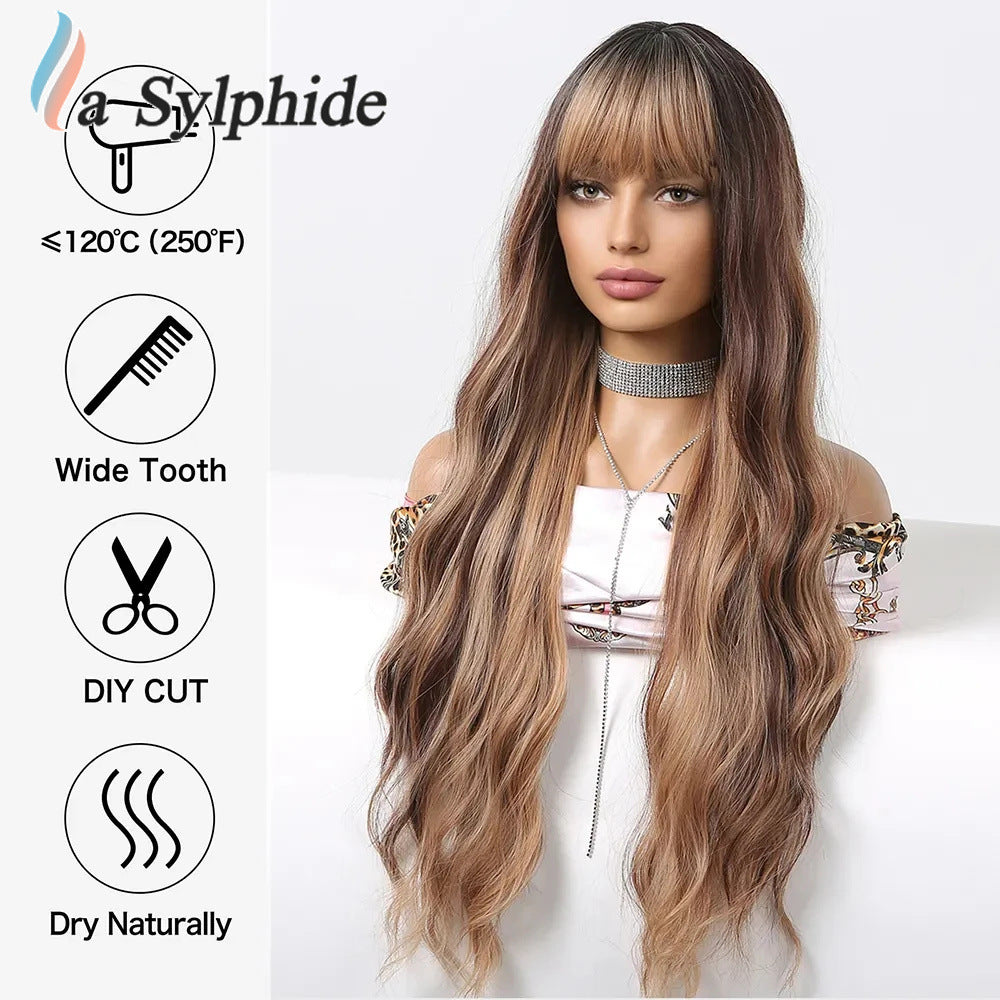 Female Dark Brown Dyed Light Bangs Curly Hair Mechanism Head Wig Long Curls