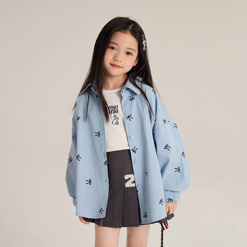 Children's Bow Printed Medium Large Korean Style Western Casual Children's Shirt