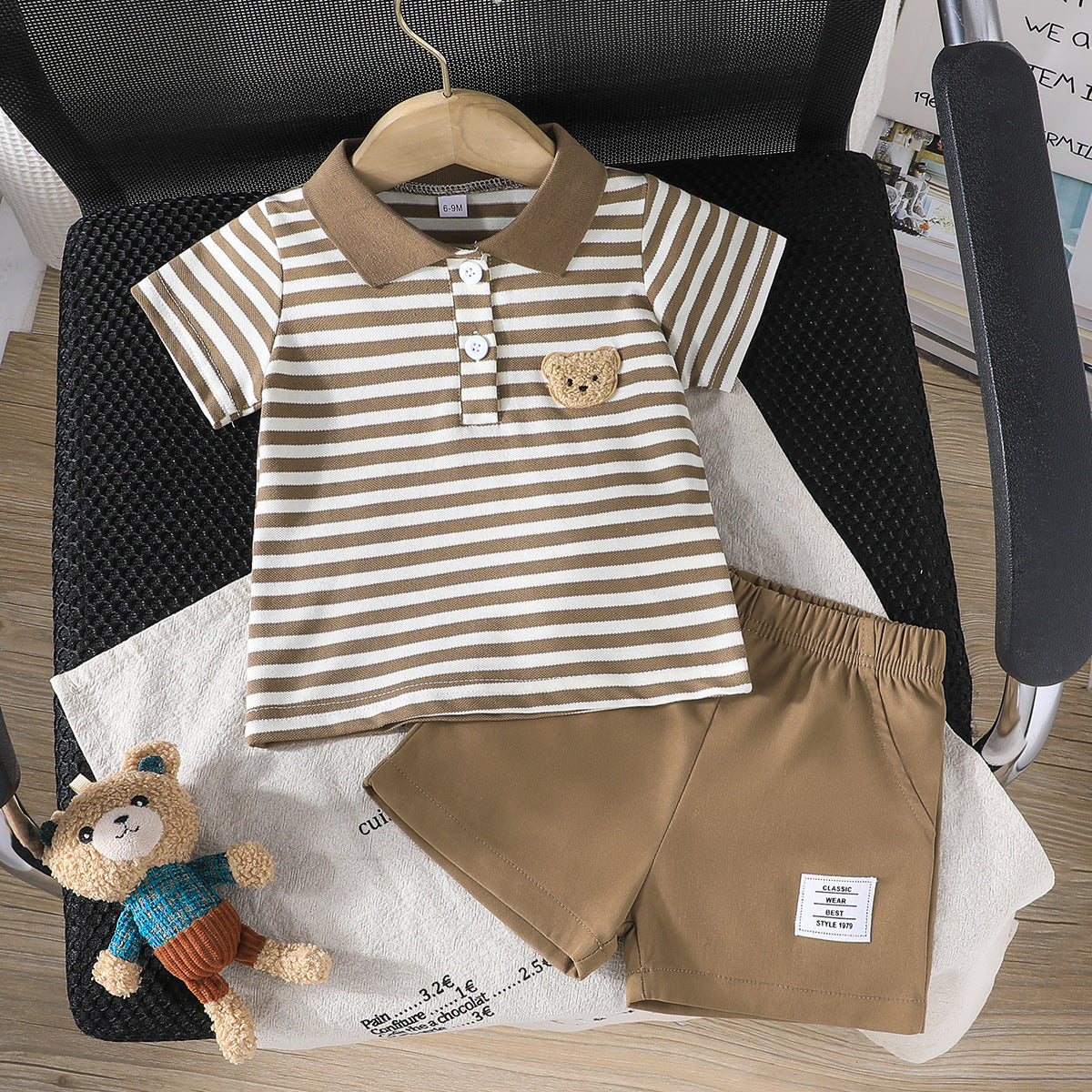 Summer Simple Fashion Boy Bear Zhang Zi Striped Polo Collar Children's Suit