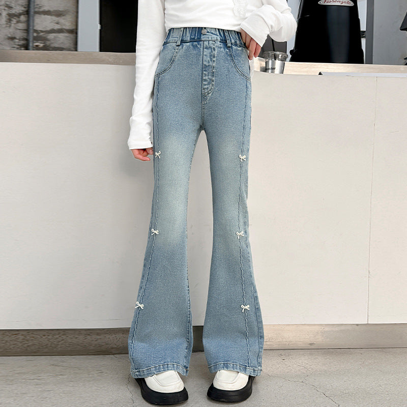 Children's Skinny Jeans Medium Big Bell-bottom Casual Fleece-lined Children's Pants