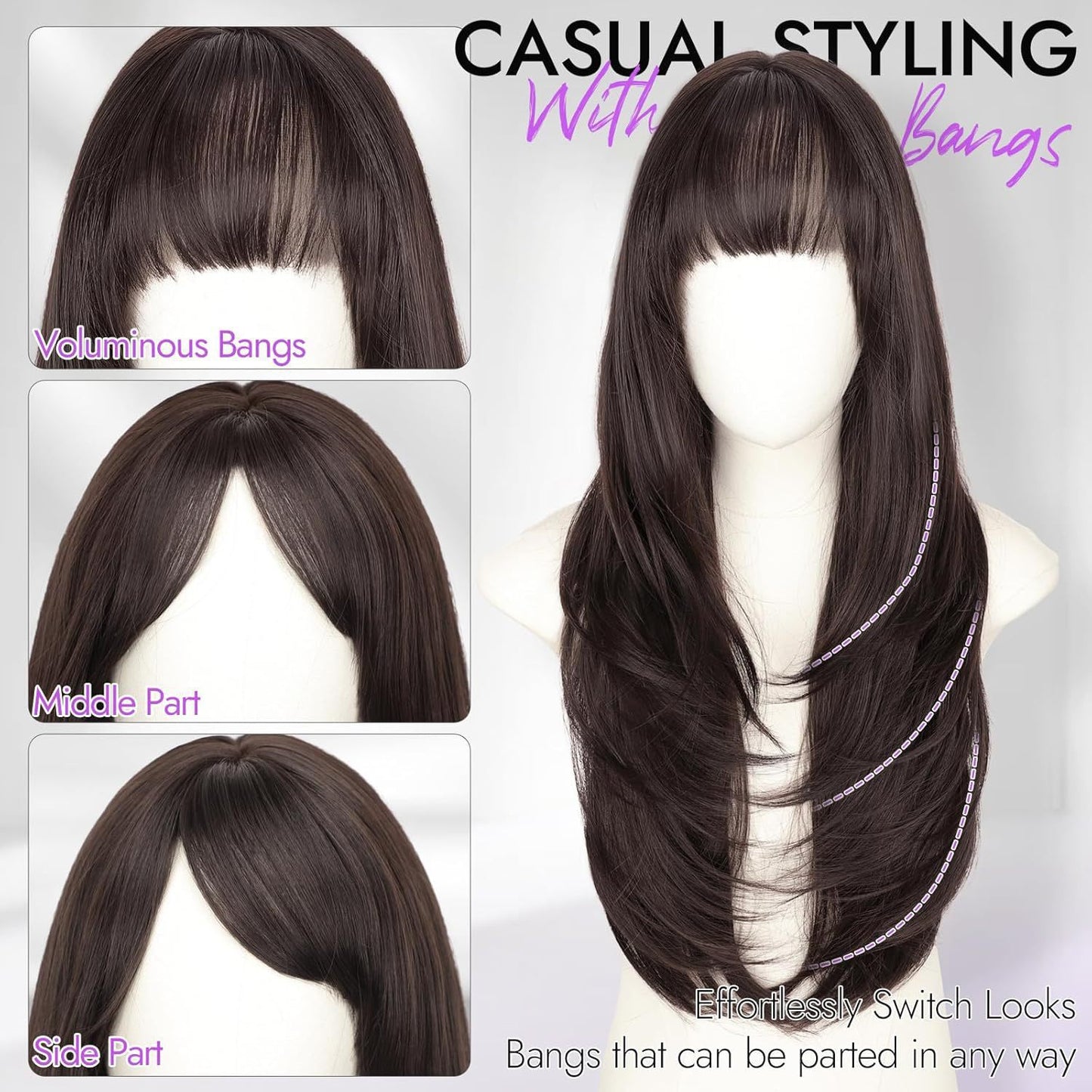 Female Straight Bangs Layered Hair Scalp Synthetic Wig Long Curls