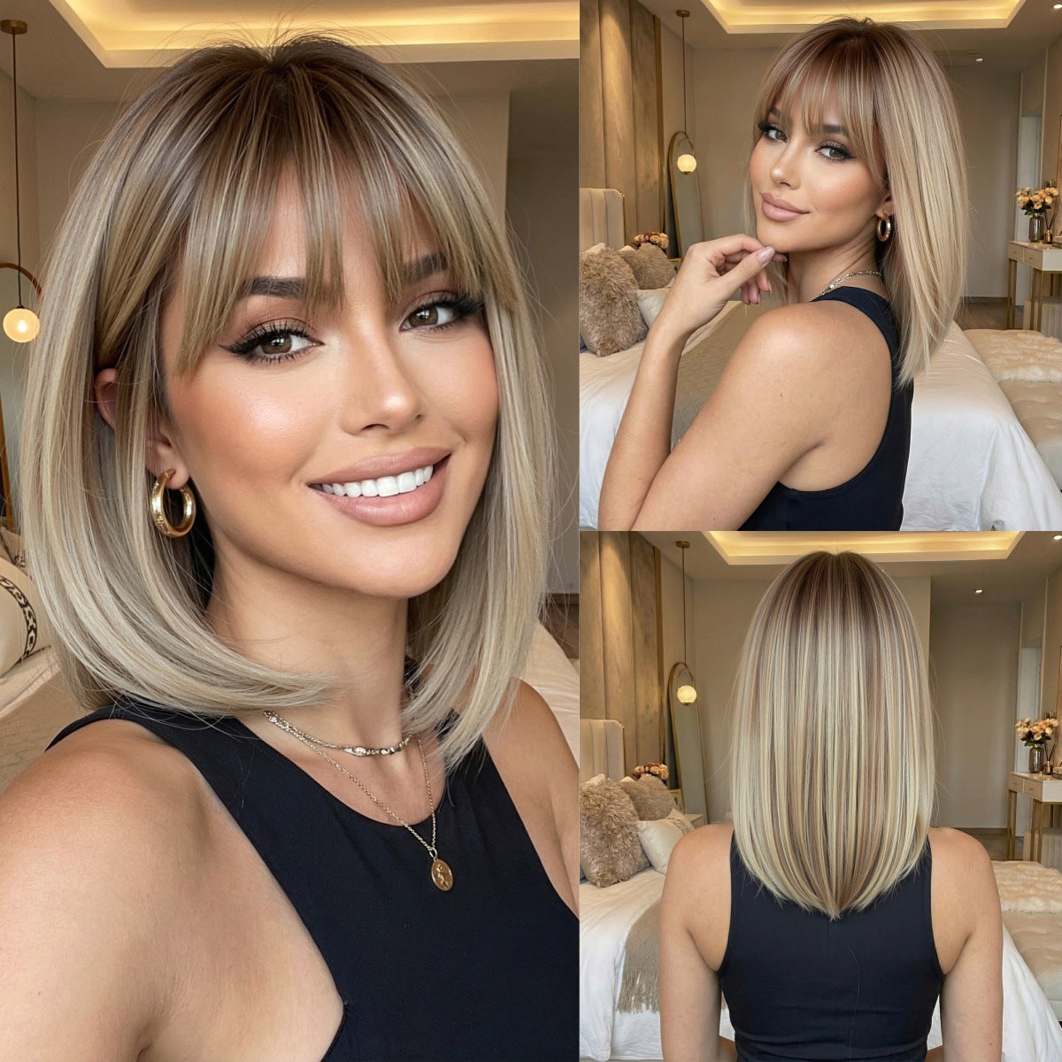 Air Bangs Lock Bone Rose Mesh Cap Playful Wig Short Straight Hair