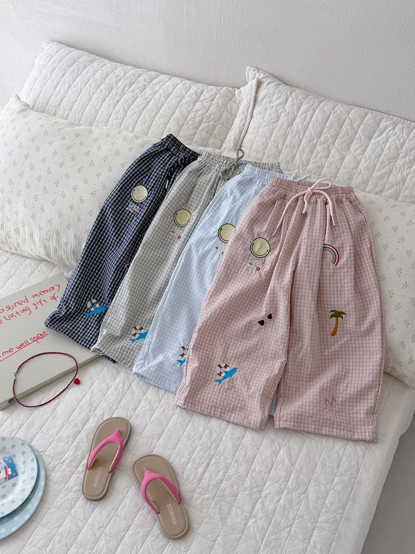 Children's Summer Plaid Casual Beach Style Embroidered Loose Anti Children's Pants