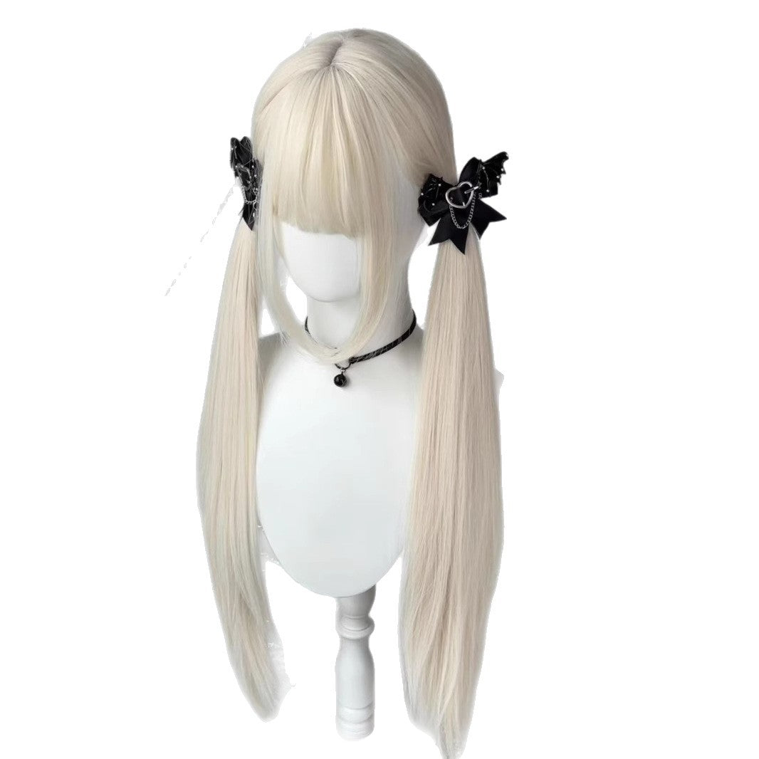 Female Milky White Golden Hair Double Ponytail Little Long Straight Wig