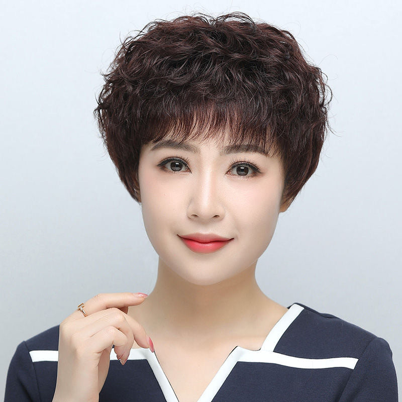 Women's Short Full Head Lady Mom Natural Breathable Curly Real Hair Wig
