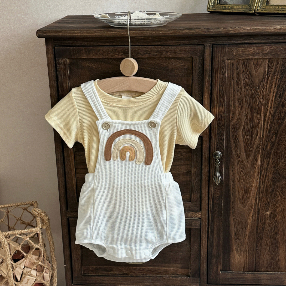 Summer Infant Shoulder Button Rainbow Pattern Jumpsuit Round Neck Thin Jumpsuit, Climbing Suit