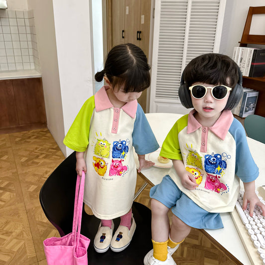 Children's Cartoon Color Matching Sleeve Shirt Short Shorts Children's Suit