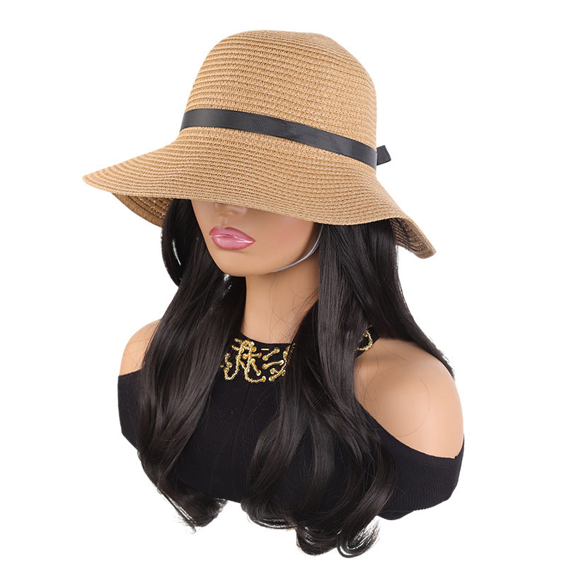 Straw Sun Hat Curly Hair One-piece Wig Long Curls