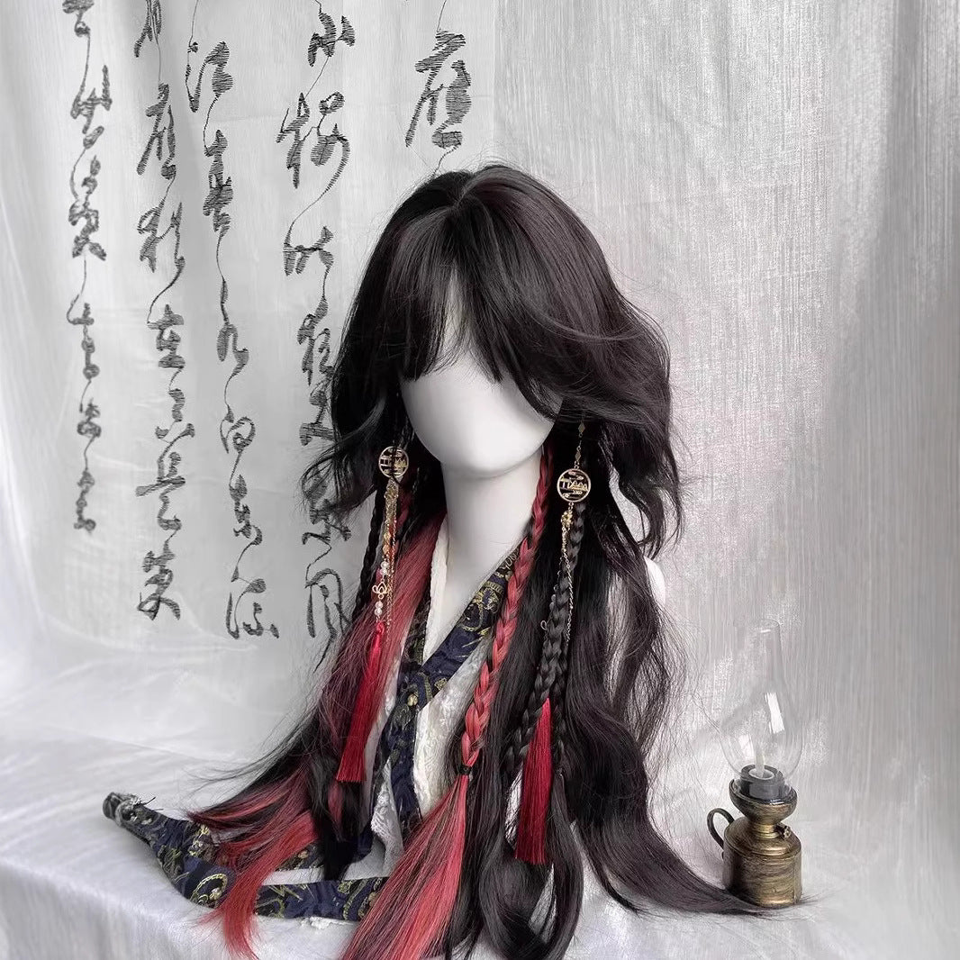 Red Dust Rolled Female Black Dyed Small Jellyfish Head Ancient Wig Long Curls