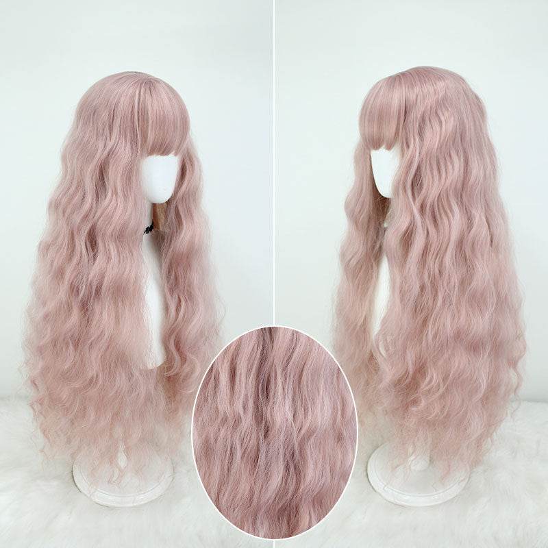 Female Pink Super Long Curly Hair Water Cos Wig