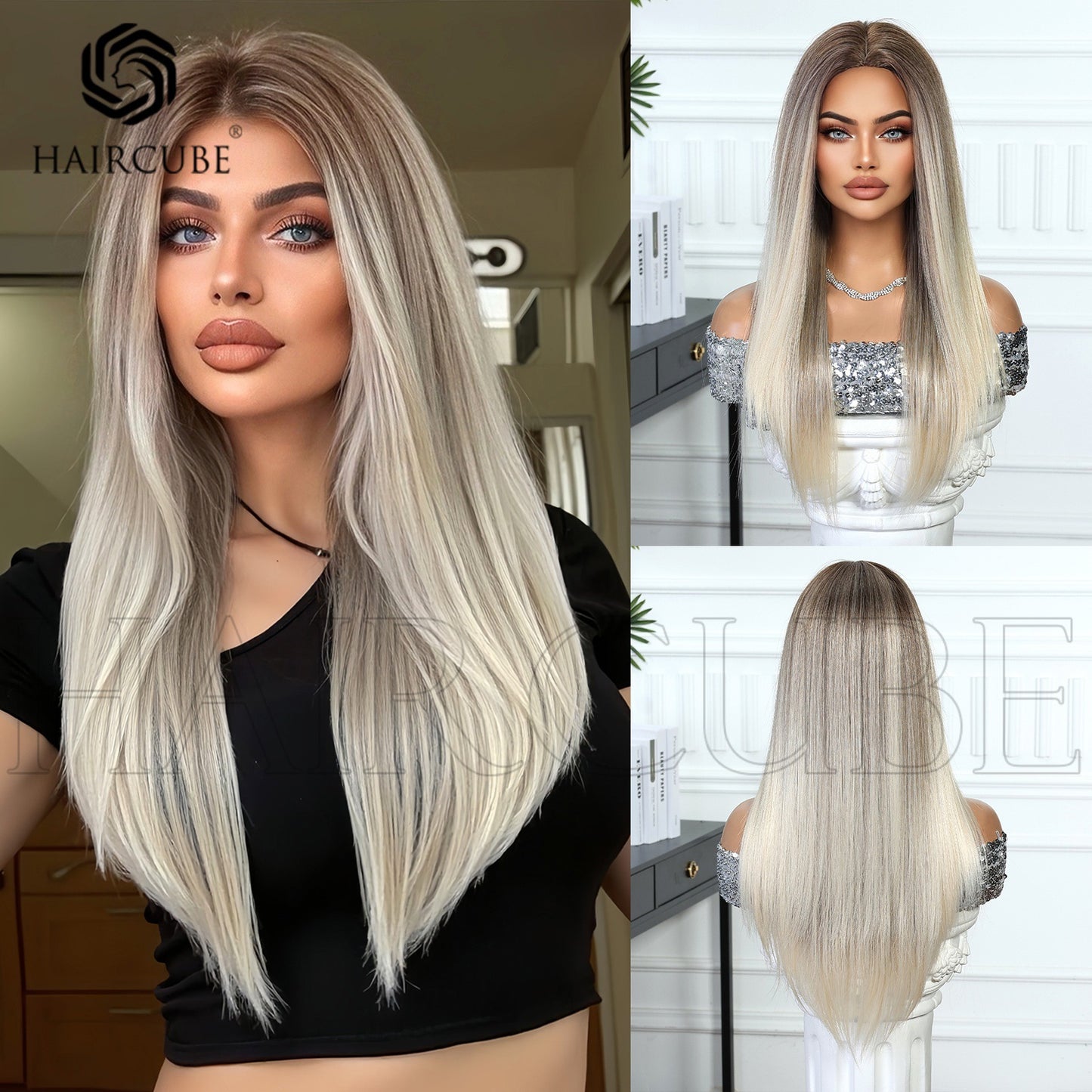 Women's White Gold Color Headgear Bangs Hair Atmosphere Long Straight Wig