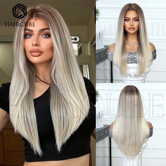 Women's White Gold Color Headgear Bangs Hair Atmosphere Long Straight Wig