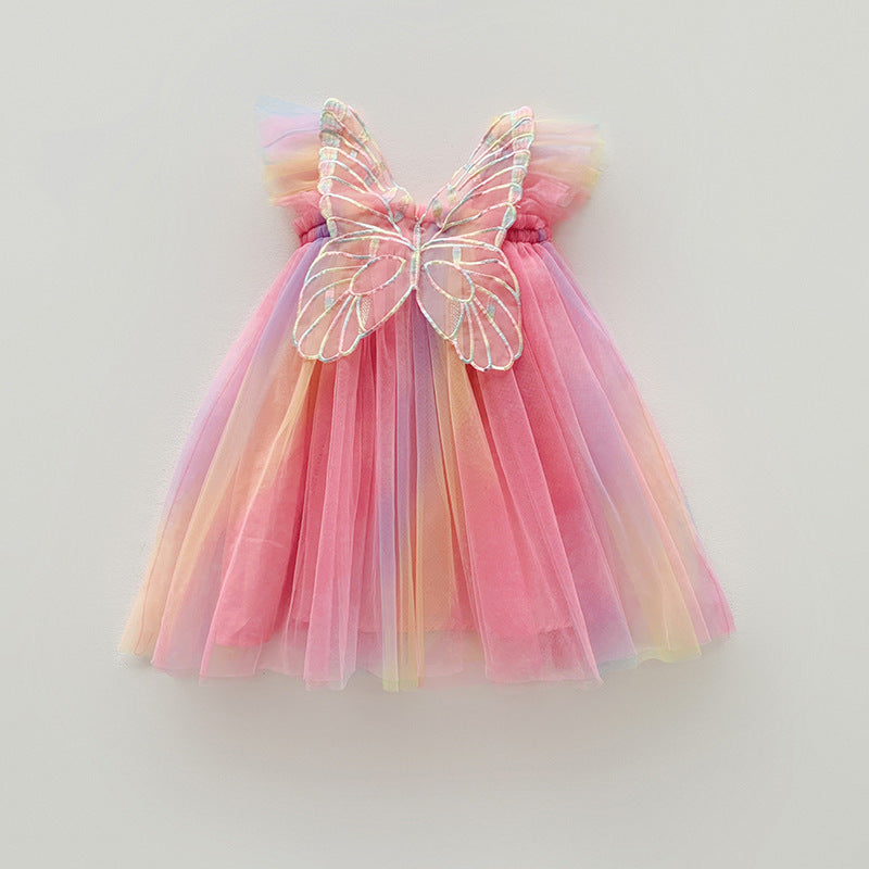 Rainbow Wings Mesh Summer Flounced Sleeve Princess Children's Dress