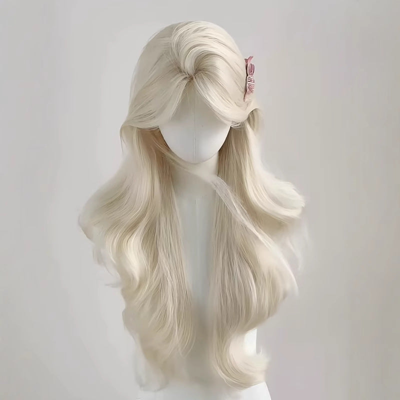 White Gold Color Female Big Wave Curly Hair Bangs Universal Wig Long Curls