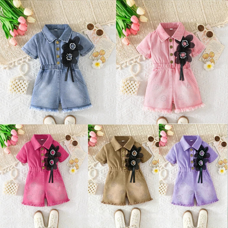 Lapel Waist Tight Pearl Flower Decoration Jumpsuit, Climbing Suit