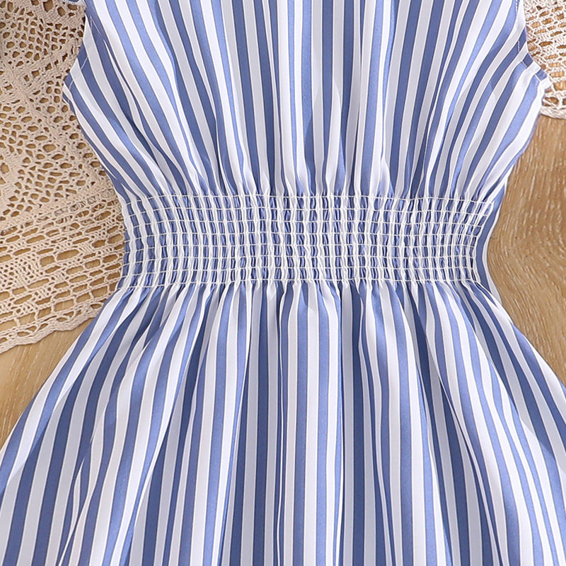 Elegant Striped Flying Sleeves Fitted Waist Children's Dress