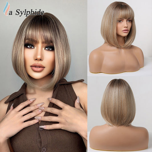 Female Brown Gradient Golden Mechanism Fiber Wig Short Straight Hair