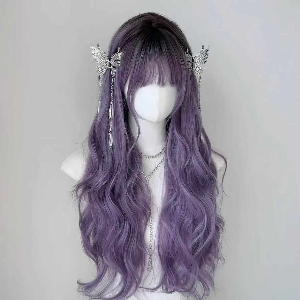 Women's Wisteria Flower Hair Purple Style Full Top Big Wave Wig Long Curls