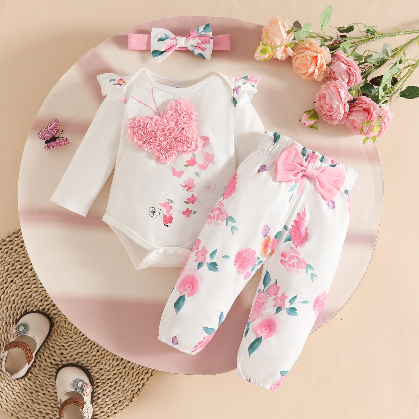 Embroidery Three-dimensional Butterfly Long-sleeved Triangle Romper Bow Flower Children's Suit