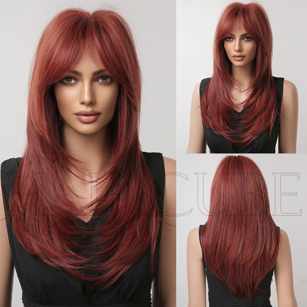 Women's Bangs High-level Gradient Golden Mechanism Long Straight Wig