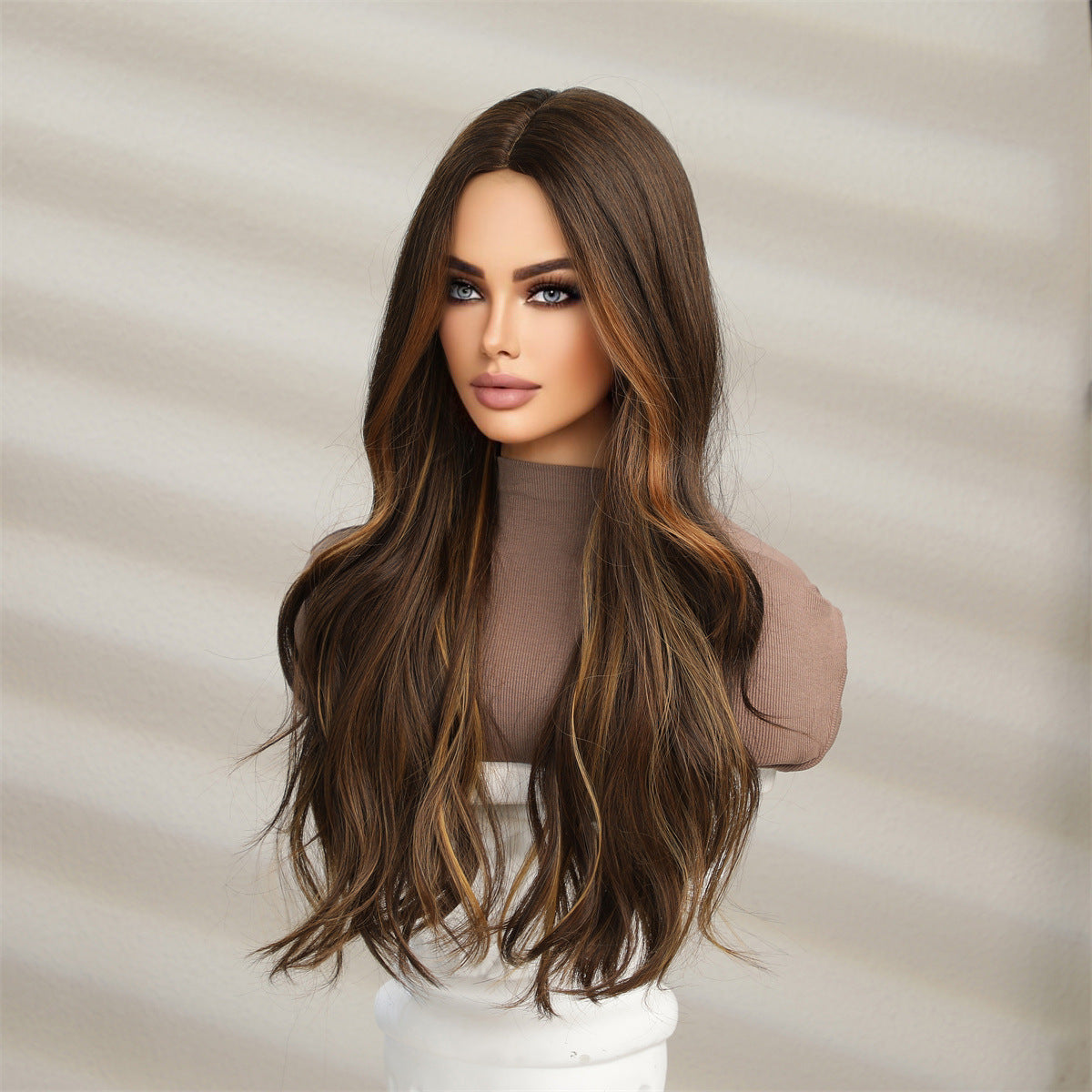 Women's Fashion Hanging Ear Highlight Dark Brown Medium Wig Long Curls