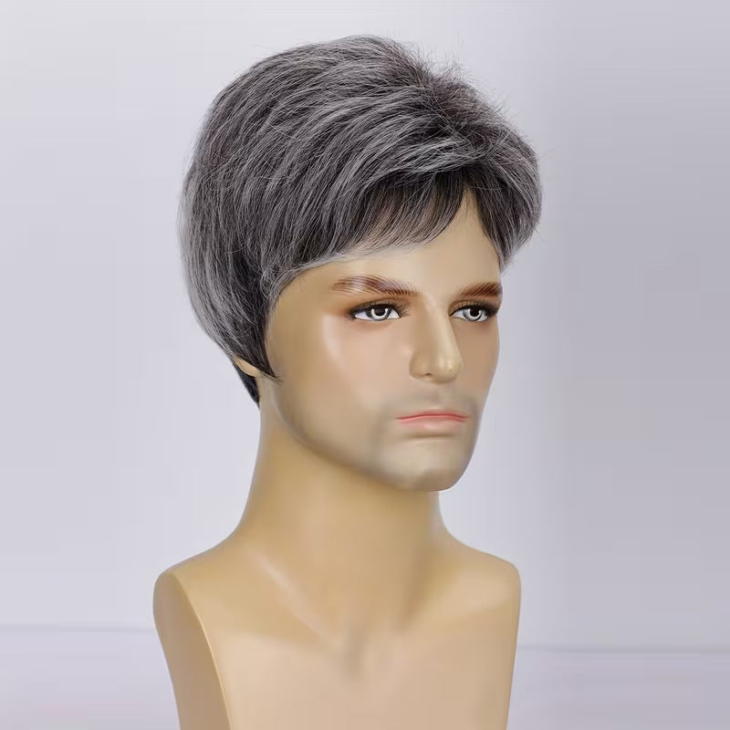 Men's Gray White Partial Fluffy Short Hair Set Fiber Men's Wig