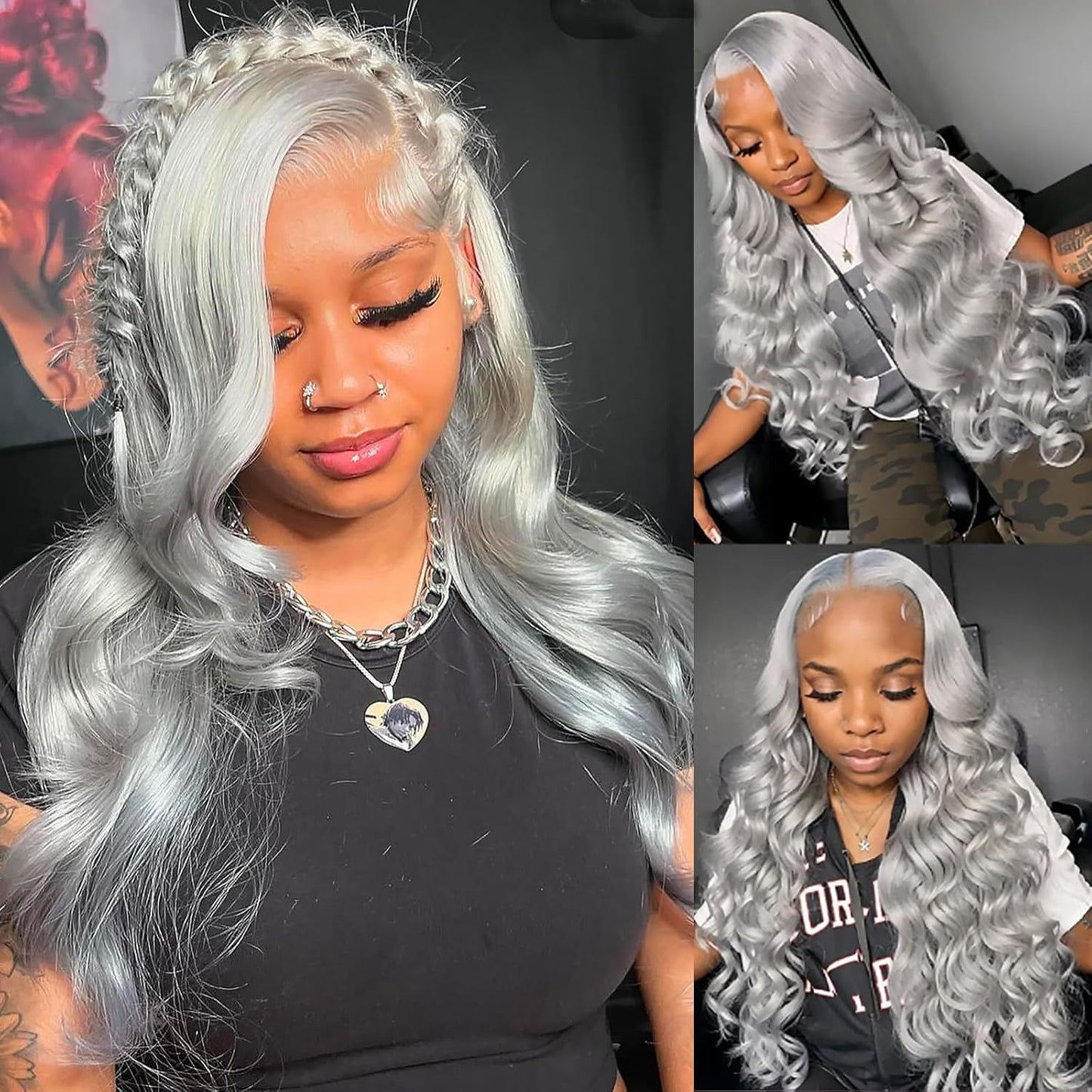 Women's Medium Sier Gray Curly Hair Big Wave Wig Long Curls