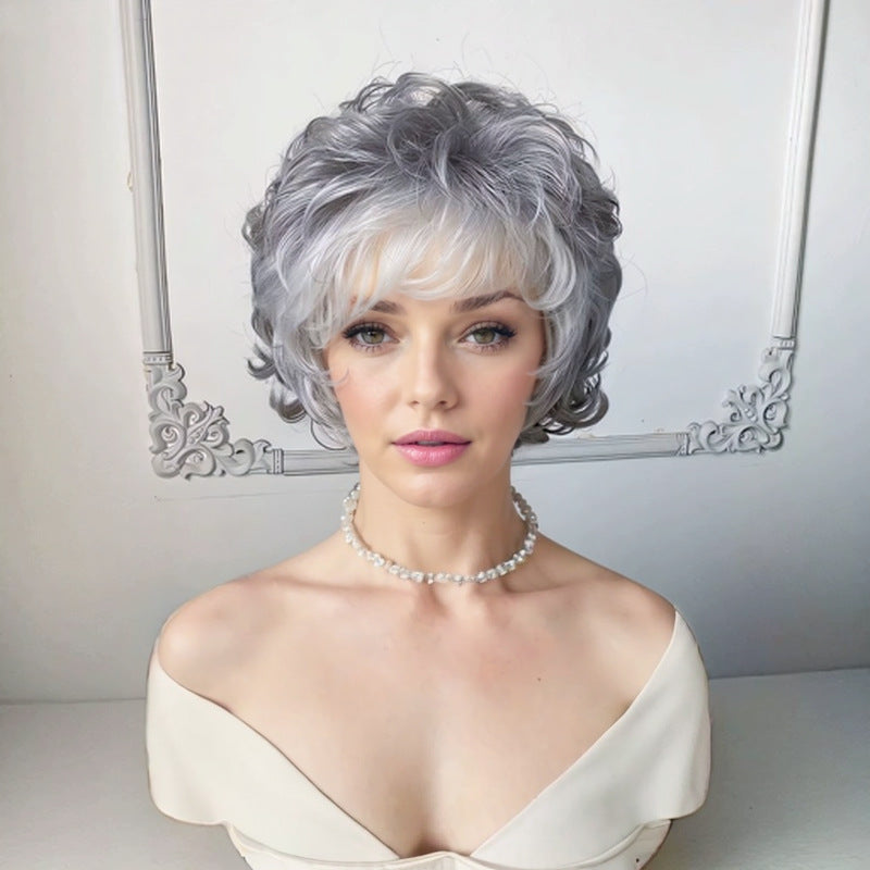 Women's Head Fluffy Side Bangs Gray White Fiber Piece Wig Short Curly Hair