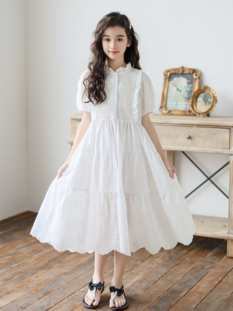 High-grade Wooden Ear Collar Smocking Skirt Big Children's Dress