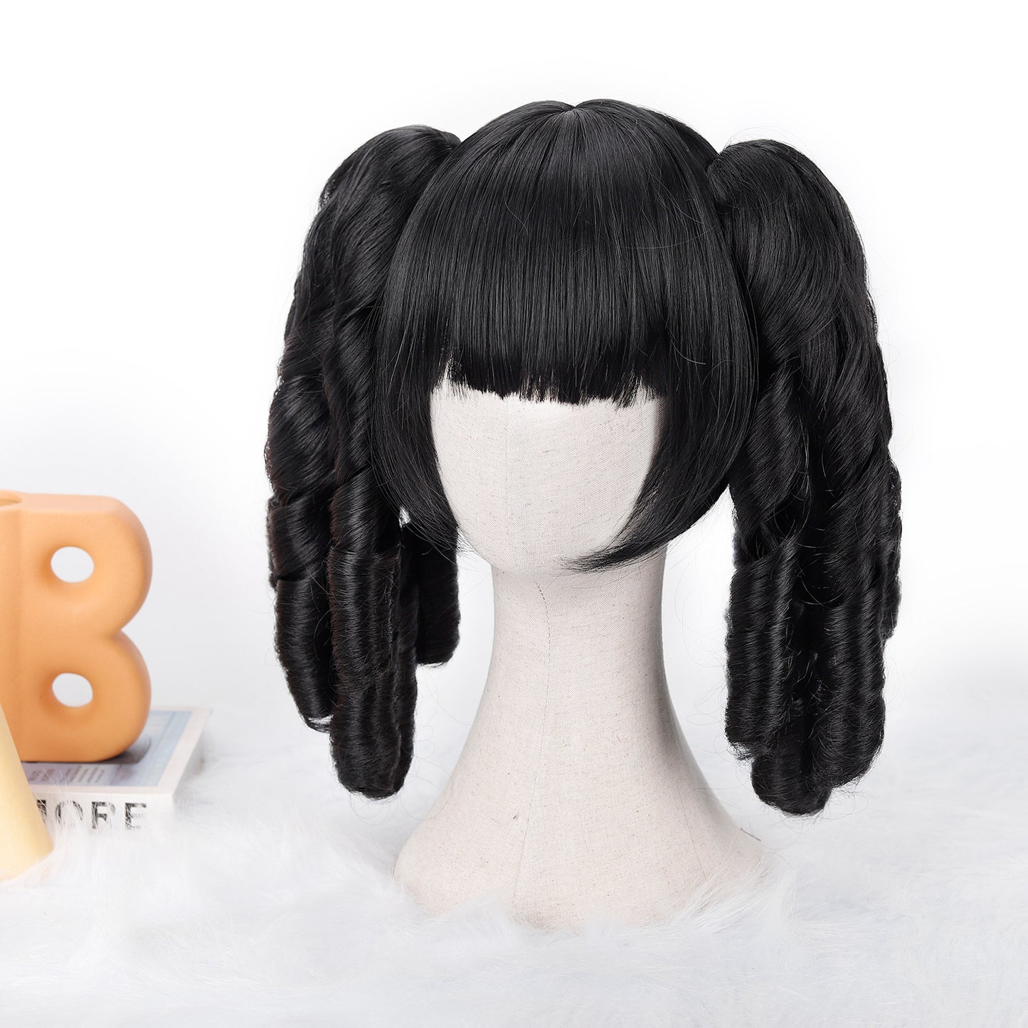 Double Ponytail Anime Head Cover Ball Play Wig Short Curly Hair