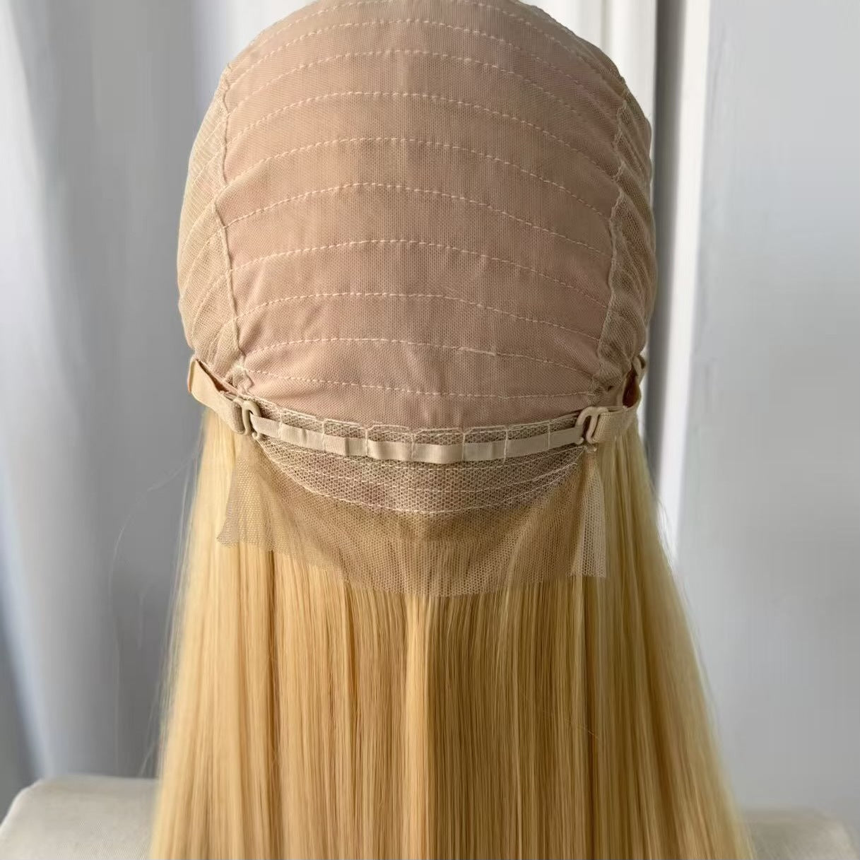 White Gold Color Large Area Hand Crochet Forehead Lace Female Long Straight Wig