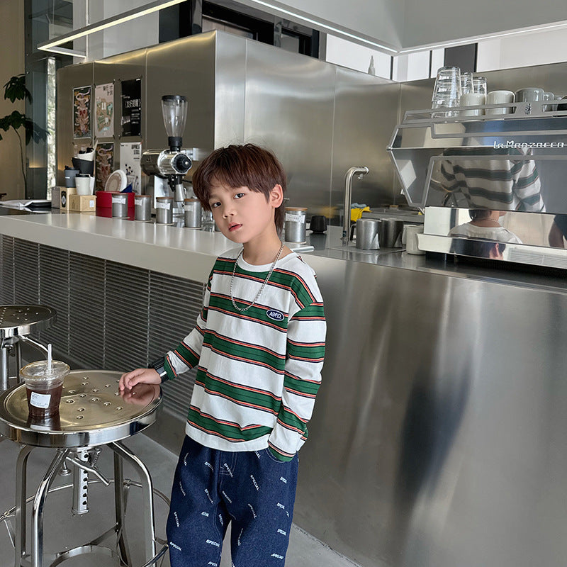 Children's Striped Contrast Color Fashionable T-shirt Long Sleeve Loose Casual Top Children's Shirt