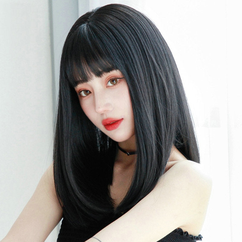 Women's Cartoon Bangs Natural Realistic Black Long Wig Short Straight Hair