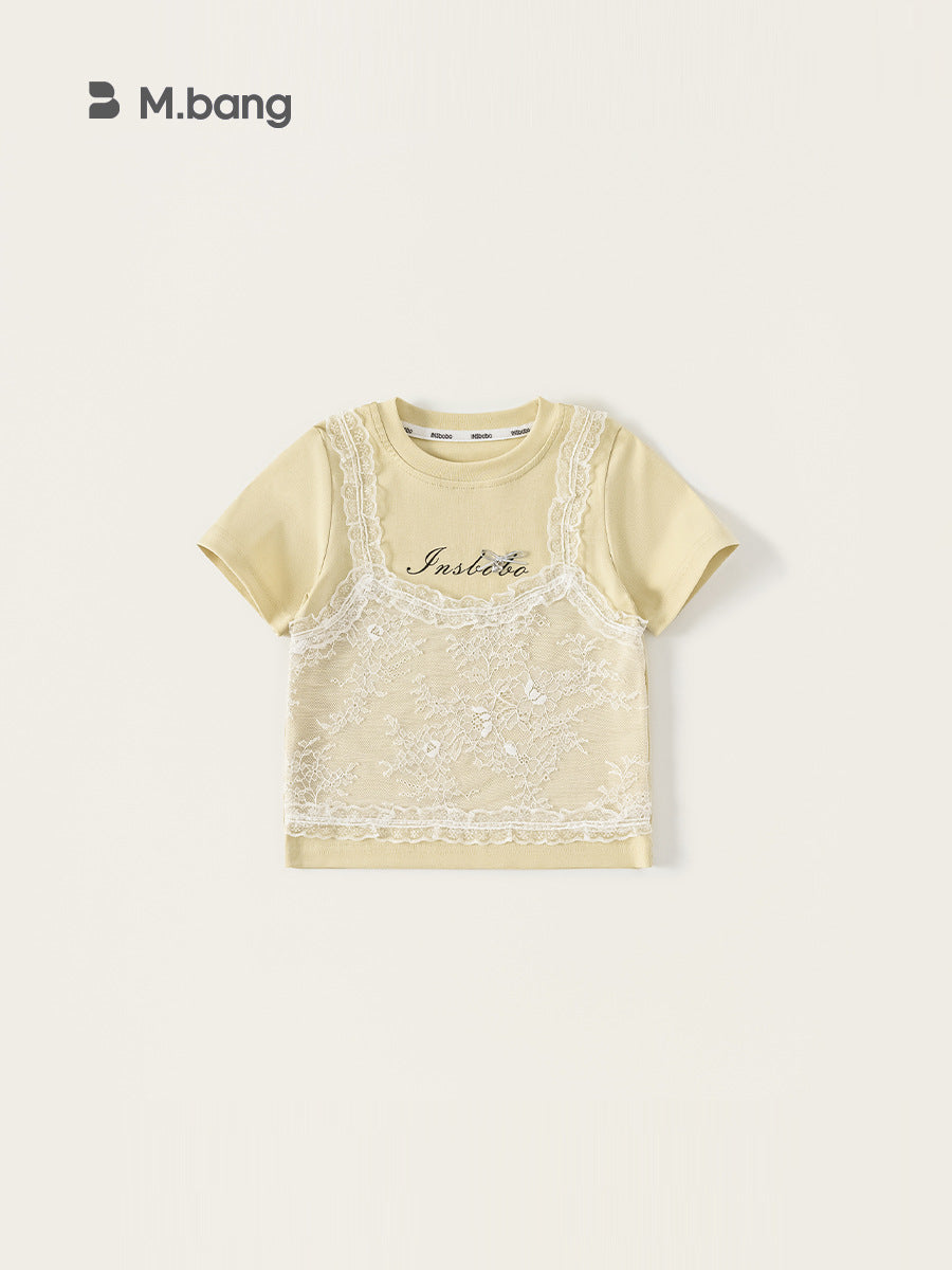 Children's Fake Two-piece Lace Stitching Short Sleeve Summer Sweet Cool Style Children's T-shirt