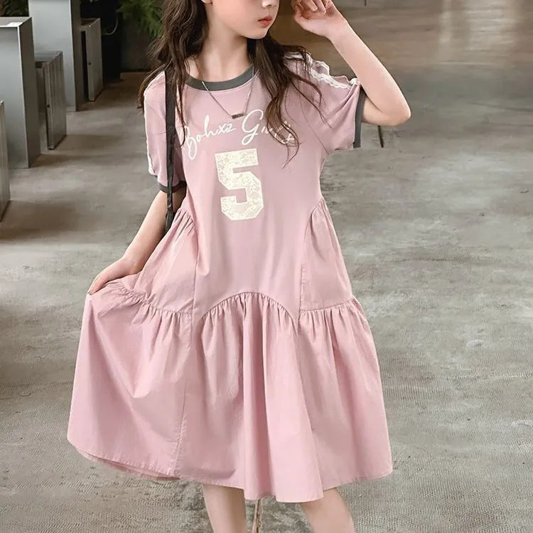 Summer Western Style Stitching Printed Medium Big Korean Children's Dress