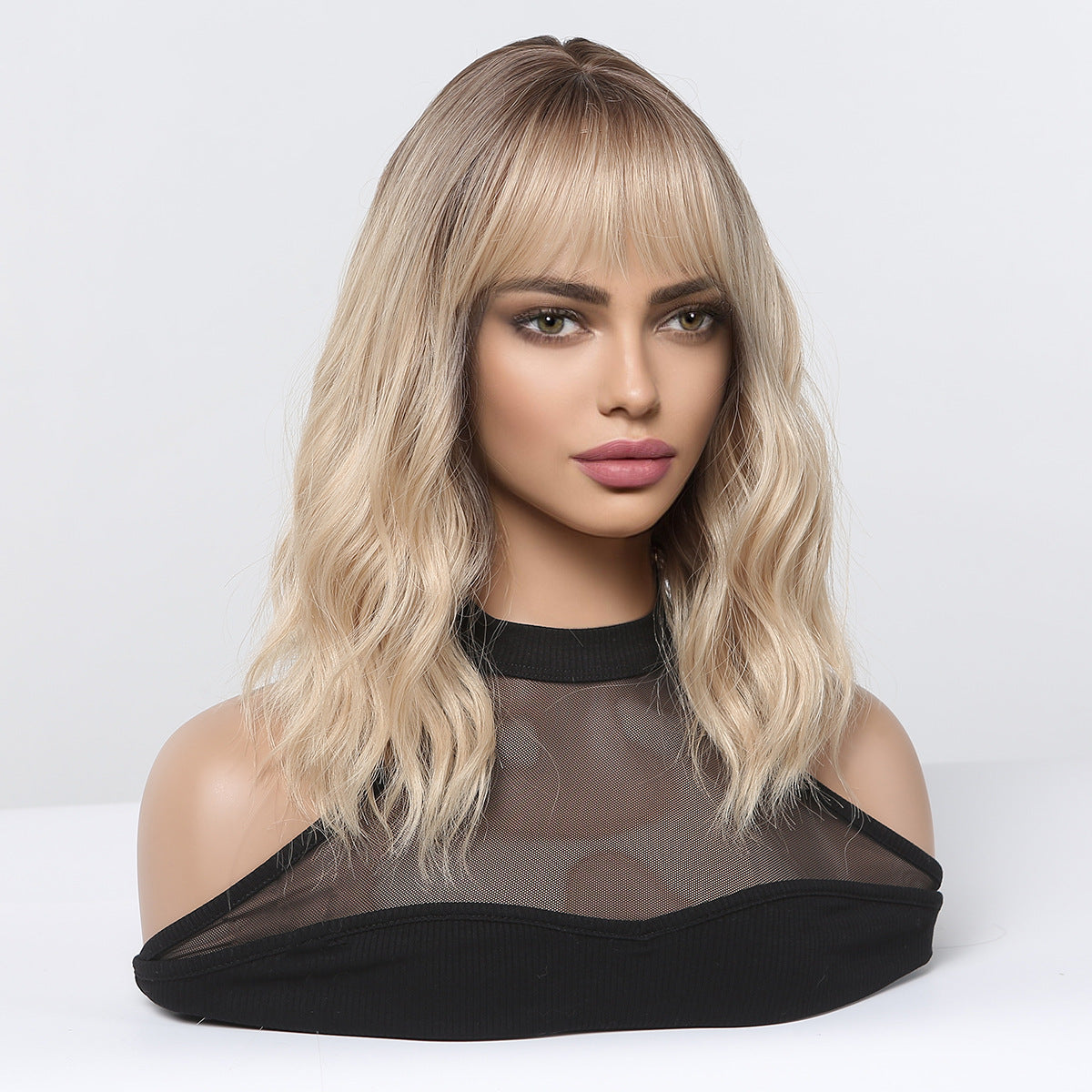 Water Ripple Black Gradient Golden Full Top Roll Chemical Wig Short Curly Hair