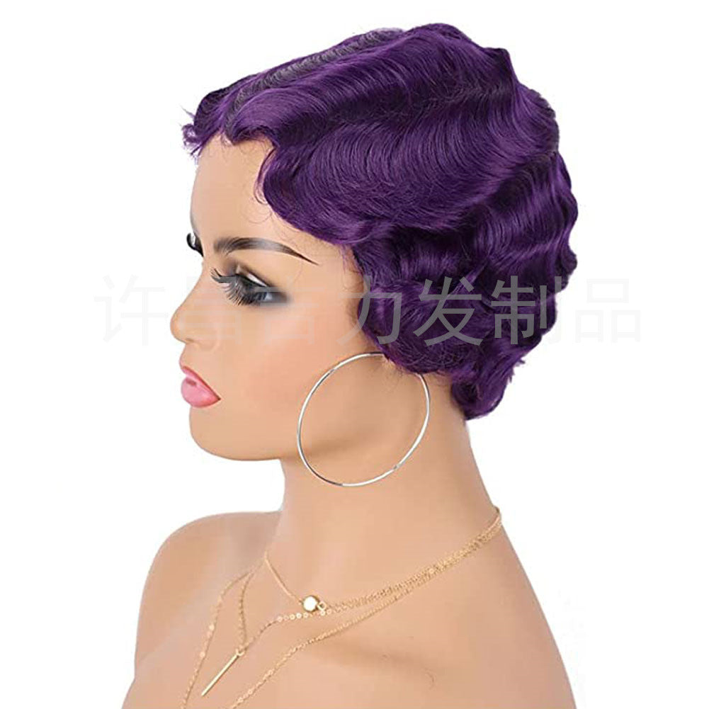 Head Cover Vintage Water Ripple Synthetic Wig Short Curly Hair