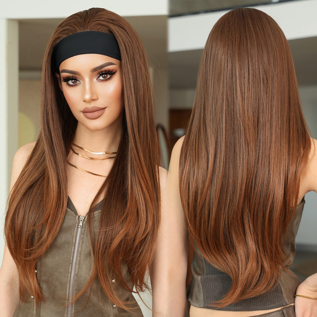 Women's Hot Wind Black Bandana Headband Layered Straight Hair Golden Brown Other Wig