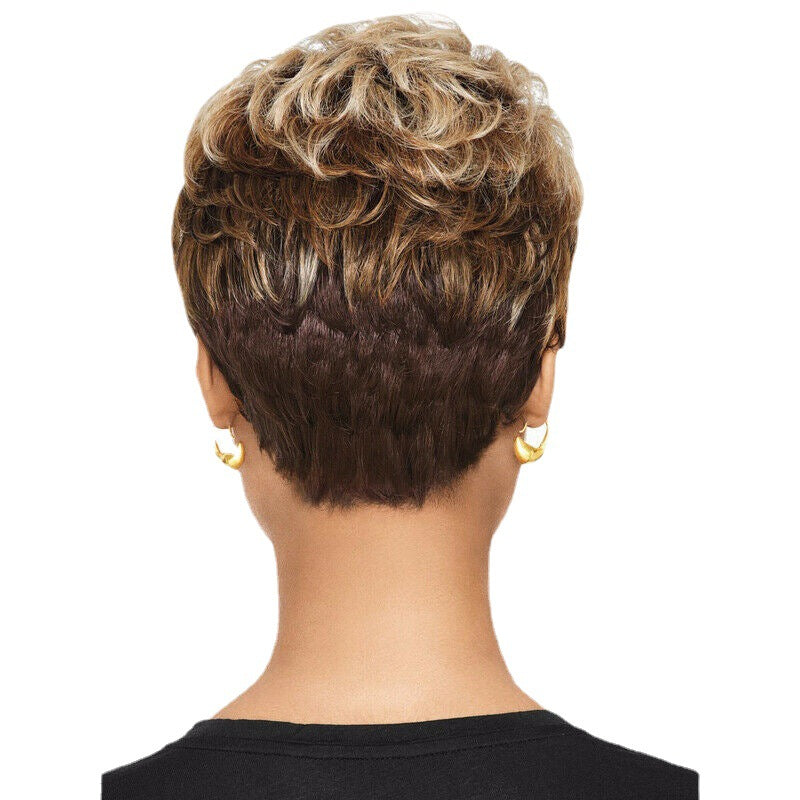 Female Curly Brown Gold Gradient Color Head Cover Wig Short Straight Hair