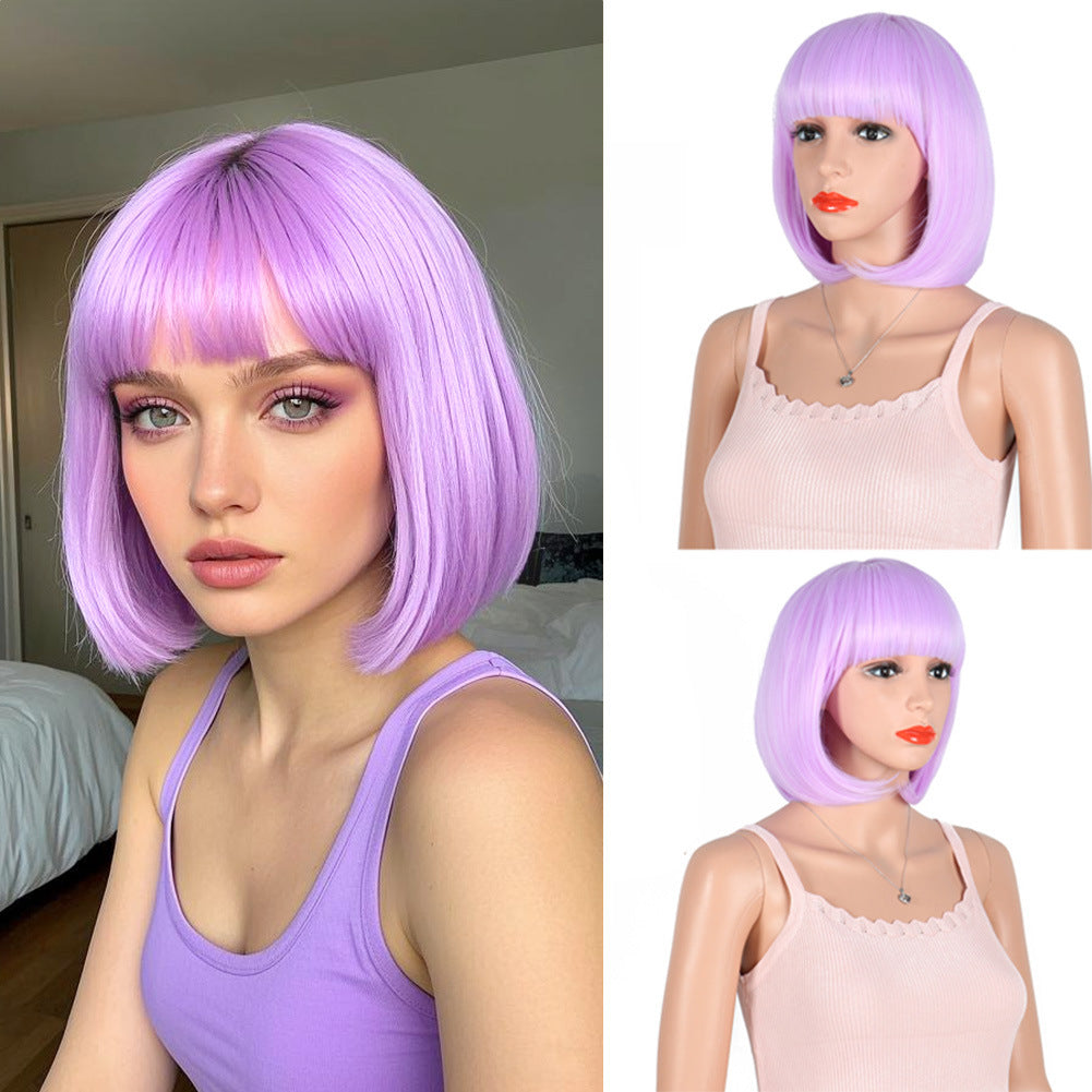 Women's Fashion Long Black Head Cover With Wig Short Straight Hair