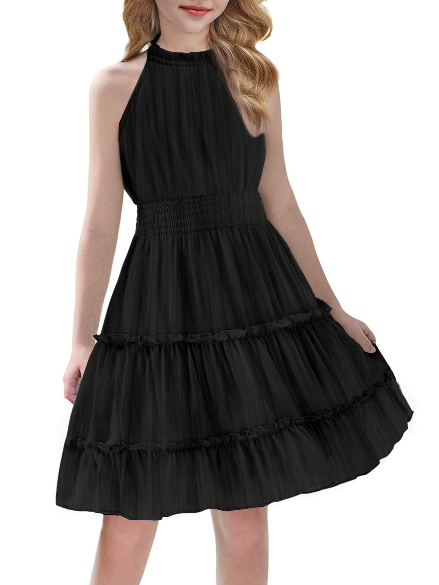 Solid Color Pleated Sleeveless Simple Temperament Commute Elegant Children's Dress