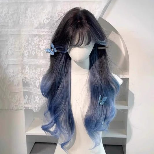 Net Blue Highlight Gradient Straight Bangs Fluffy Natural Long Curly Wig