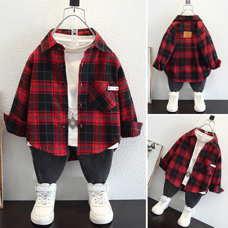 Children's Plaid Thin Brushed Ruffle Handsome Long Sleeve Children's Shirt