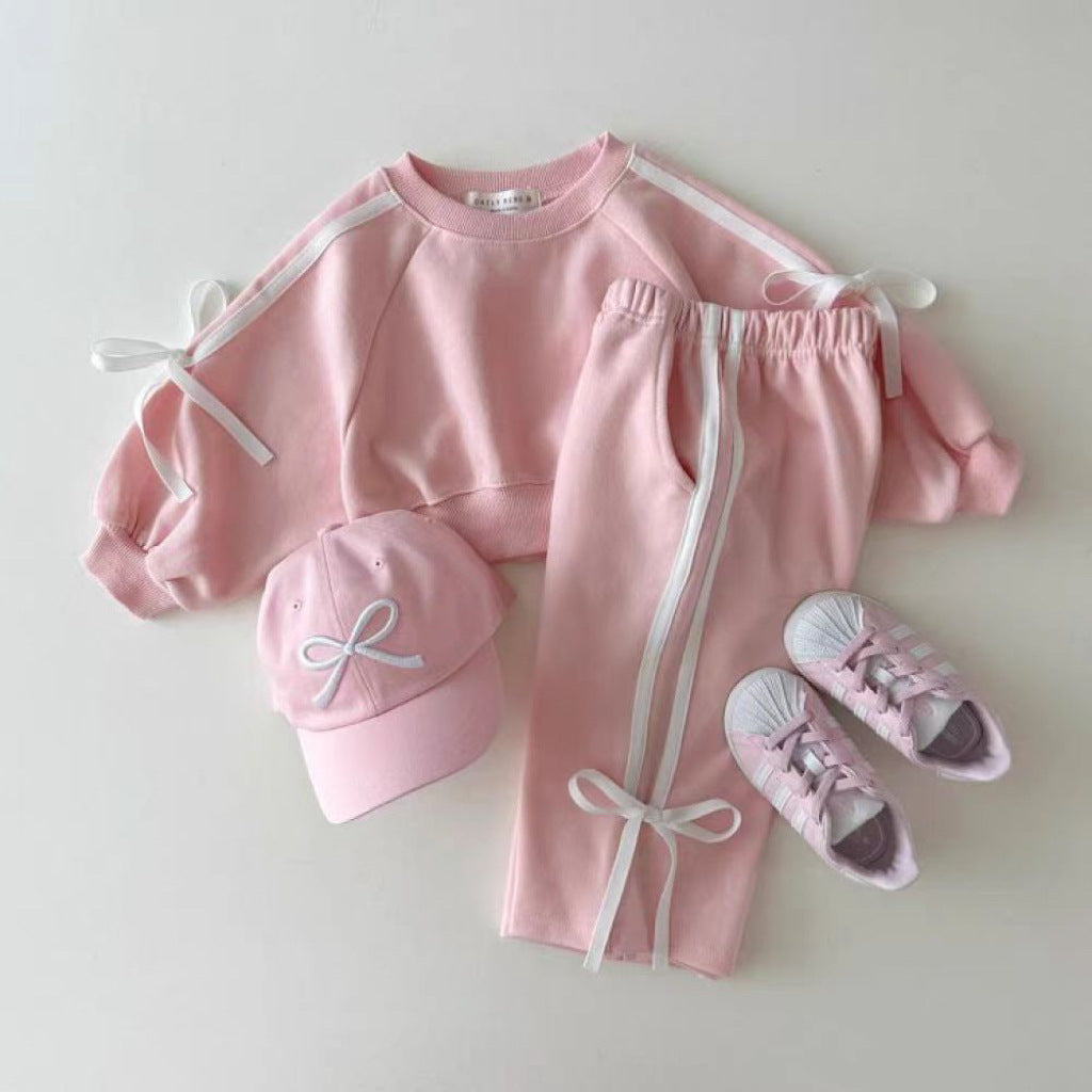 Style Long-sleeved Trousers Sports Bow Bars Patchwork Sweater Children's Suit