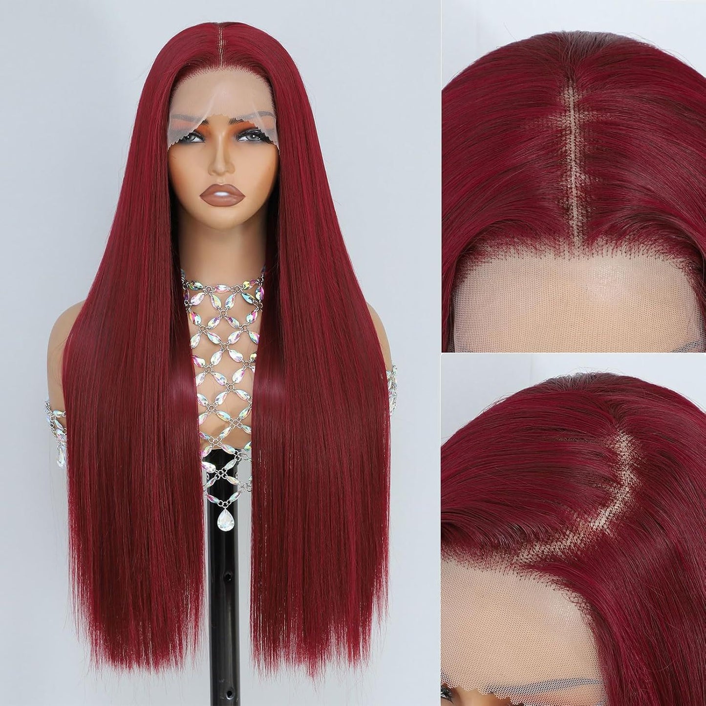 Women's Lace Wine Red Medium Hair Synthetic Long Straight Wig